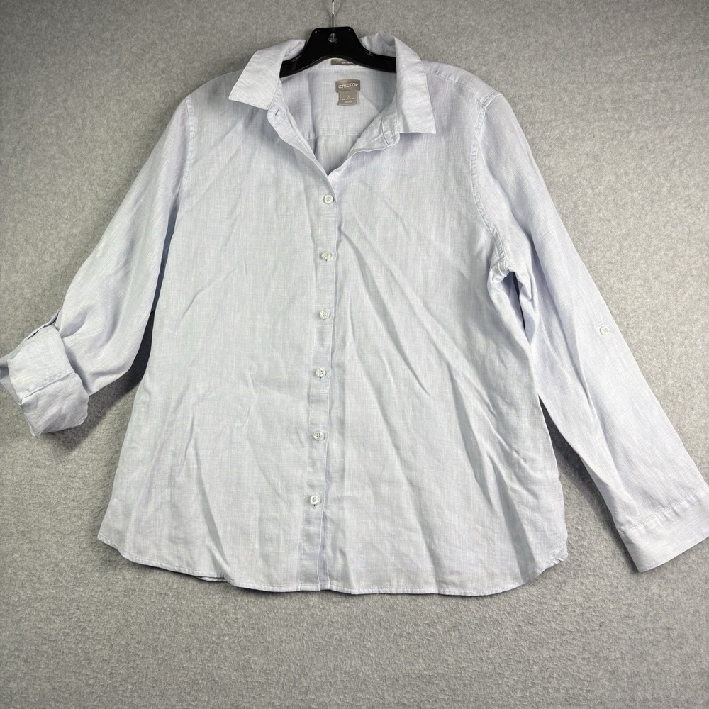 Chicos 3 Linen Button Up Top Women's 16/18 Blue No Iron Coastal Roll Tab Sleeve